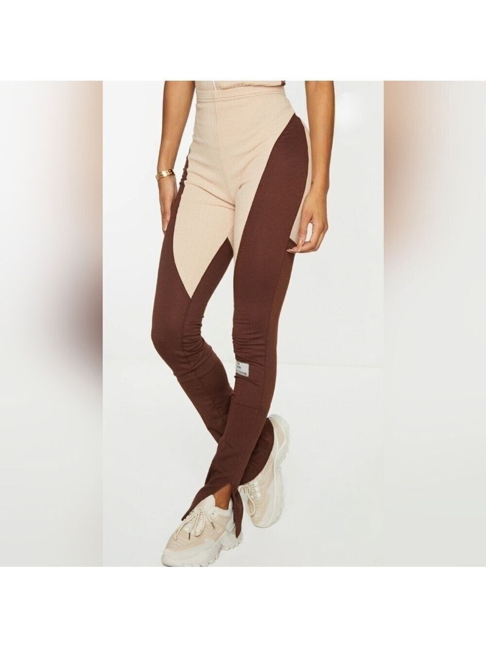 PrettyLittleThing Shape Stone New Season Rib Panel Split Hem Leggings Size 6 New